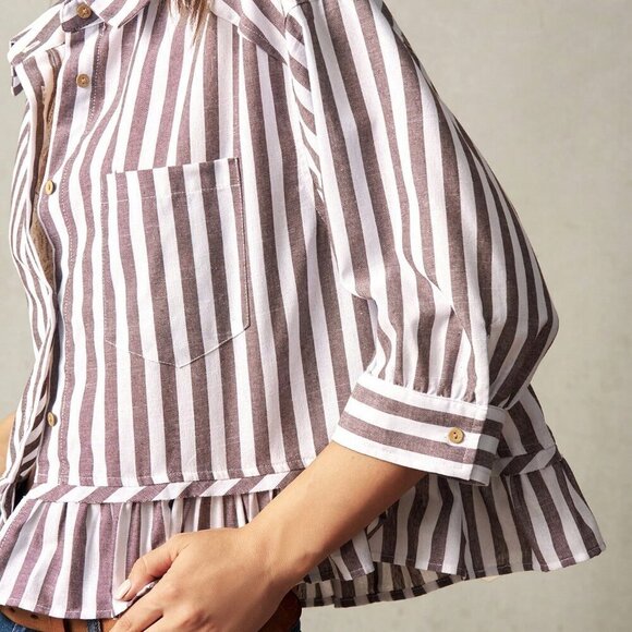 Brown Casual Women's Woven Striped Shirt Vacation natuical beachy travel europe - Picture 5 of 8